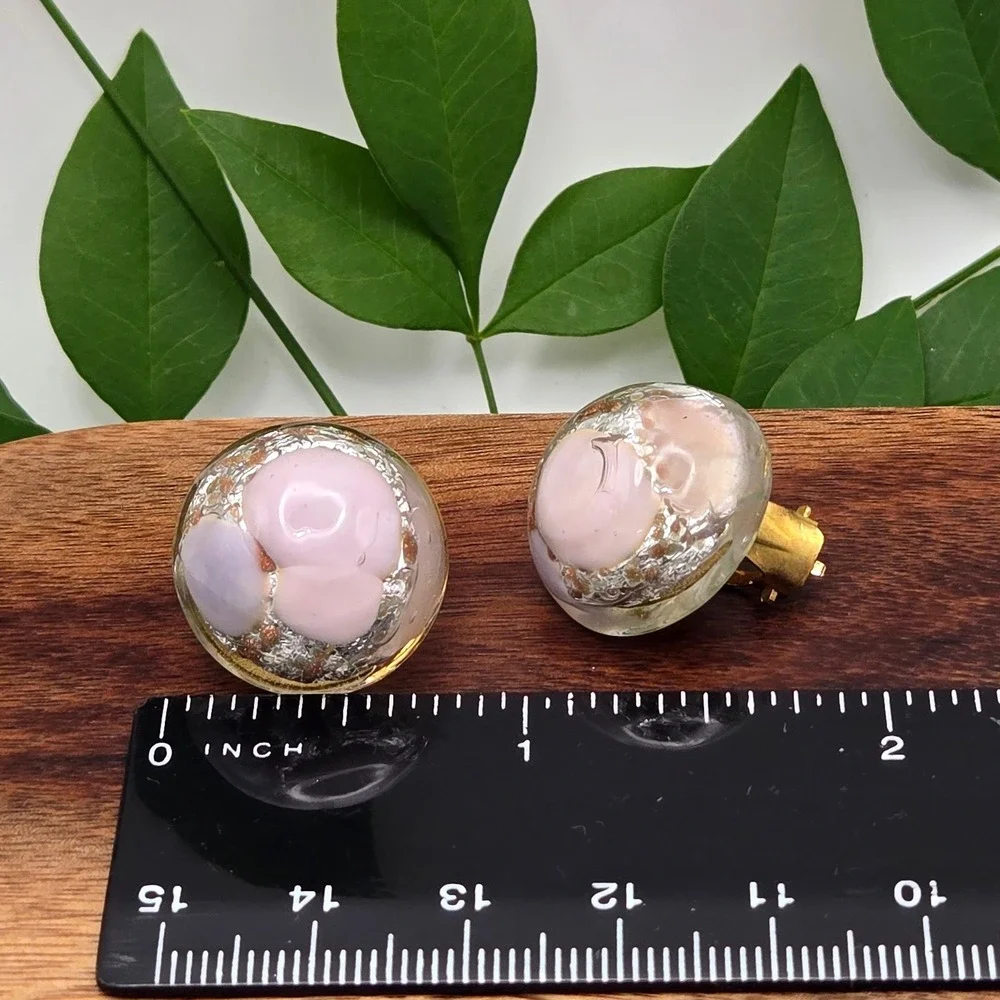 Vintage Pink‎ Glass Foil Aventurine Dome Clip On Earrings Gold Tone Mid Century
